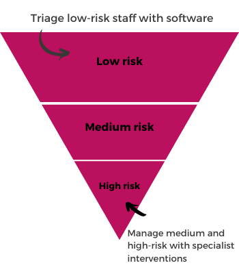 Triage low-risk staff with software Triage low-risk staff with software, while managing medium and high risk with interventions