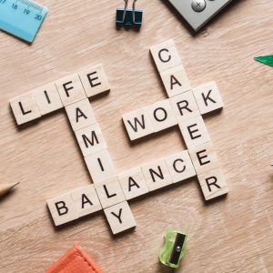 Scrabble pieces spell family, career, work, life, and balance
