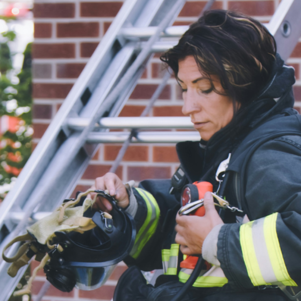 A female fire fighter donning her PPE, including an oxygen tank and mask.
