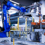 A station of a smart factory featuring a robotic arm
