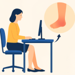 An illustration of an office worker at her desk, with a detached close-up of a sore leg