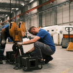 A pair of factory workers loading a mechanical lifting aid.