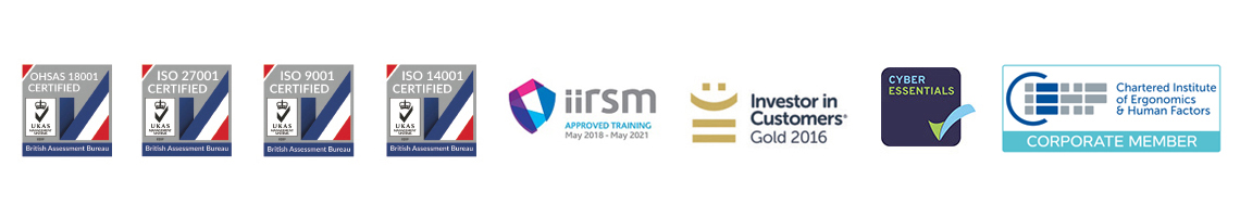 Safety and DSE Category Pages Banner ISO, IIRSM, IIC, Cyber Essentials, CIEHF logos