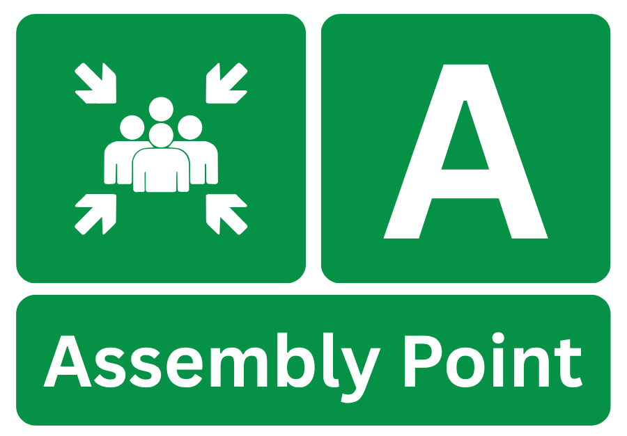 The example of a fire assembly point sign specifying a particular assembly point. 