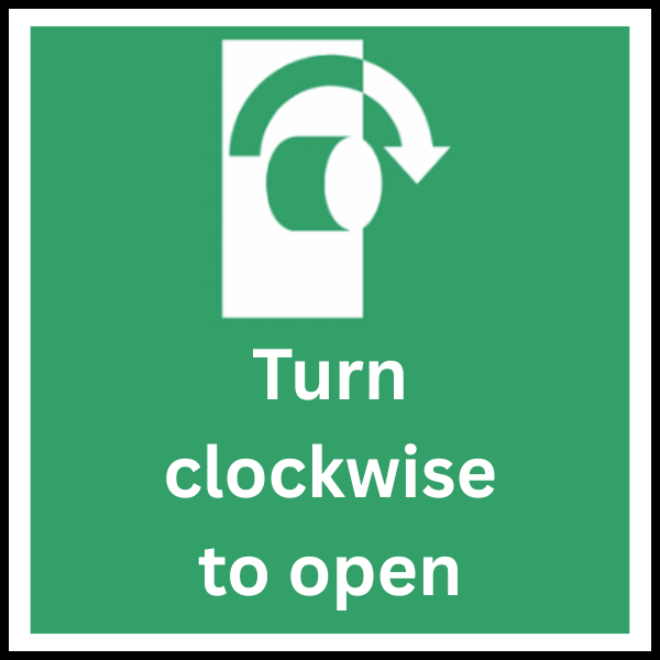 An example of a fire exit sign showing which direction to turn the handle
