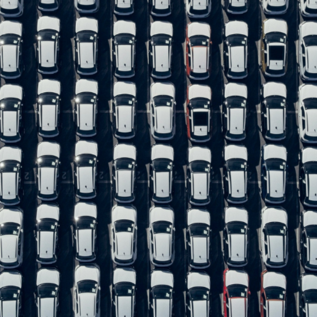Looking down on a vast fleet of parked vehicles