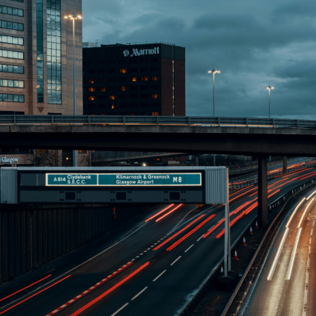 A low exposure shot of a busy motorway at evening time, with vehicle headlights blurring into streams of light