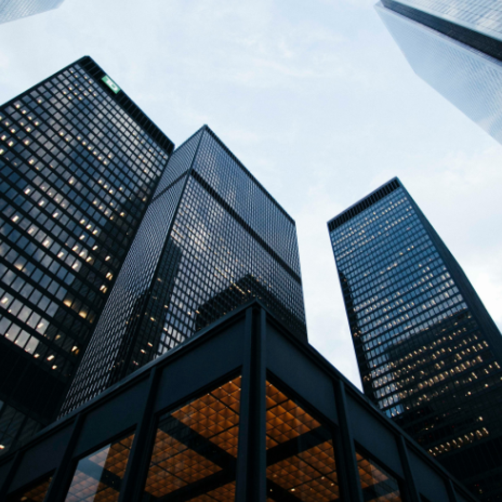 Large office block buildings shot from the ground