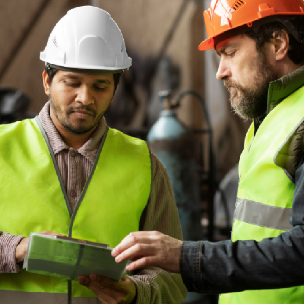 Two industrial workers discussing a risk document