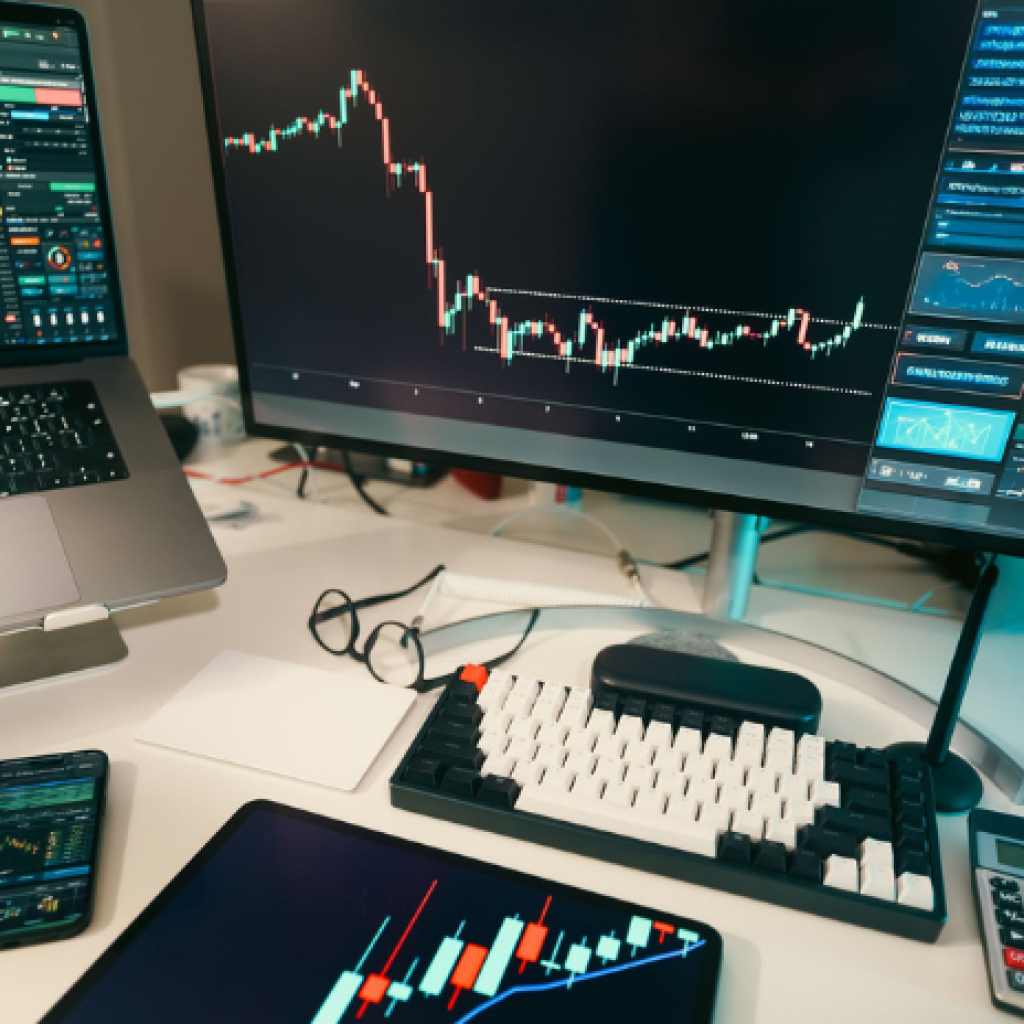 A modern trading workstation featuring multiple monitors and screens.