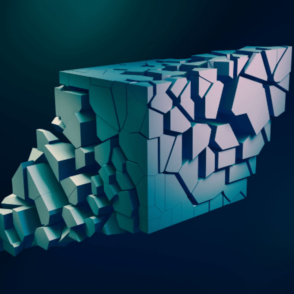 A digital illustration of a cube fragmenting at two corners